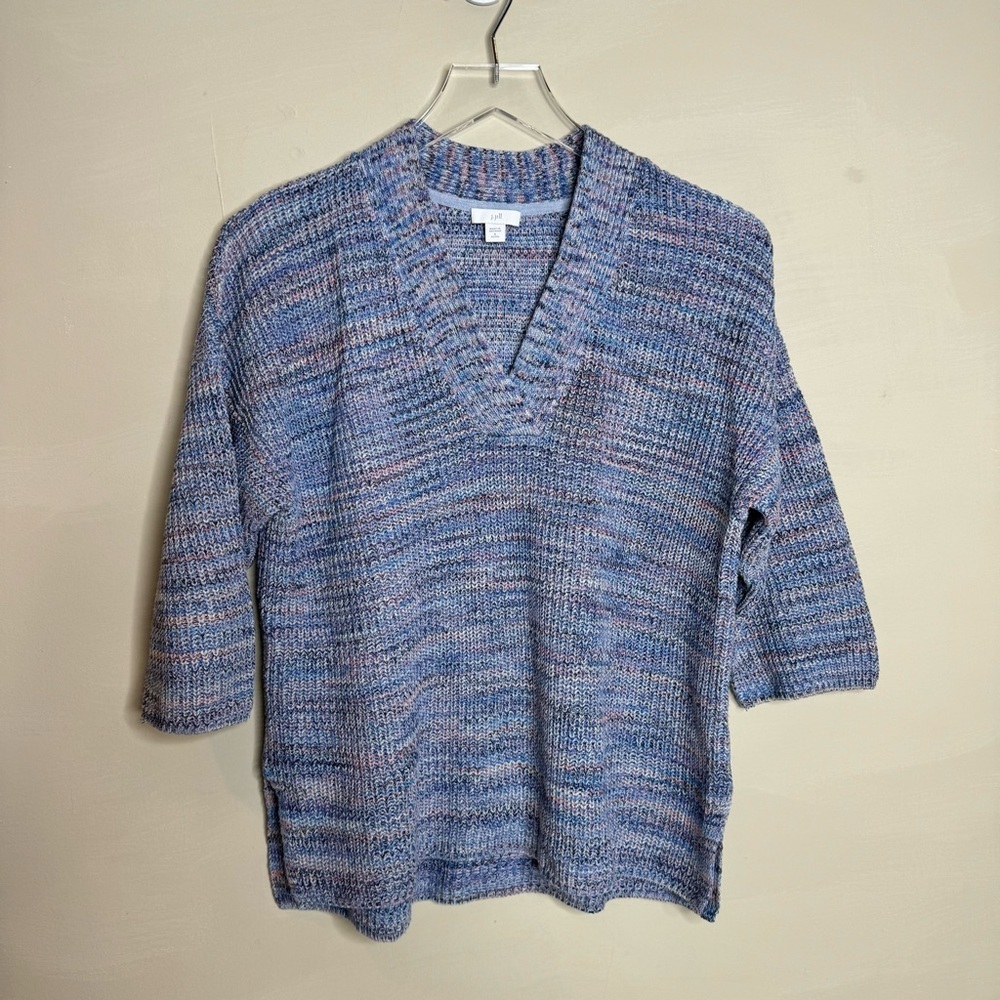 J Jill Easy Dropped Shoulder Sweater Blue Jasper Cotton V Neck 3/4 Sleeve - Picture 5 of 9